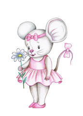 Cute cartoon mouse girl in pink dress with flower. Watercolor hand drawn, isolated.