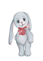 Cute cartoon toy bunny rabbit hare. Watercolor. Isolated.