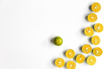 Top view, flat lay of fresh mandarin oranges on white background with copy space.