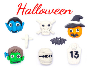Play dough Dracula and Pumpkin and Mummy Monster halloween on white background. Handmade clay plasticine