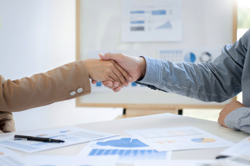 Executives consultant hands shaking in conference room.