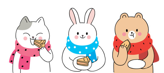 Cartoon cute Autumn, cat and rabbit and bear eating pie vector.