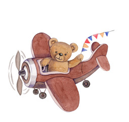 Fototapety  Cute cartoon toy animal teddy bear in plane, watercolor illustration, hand draw, isolated on white.