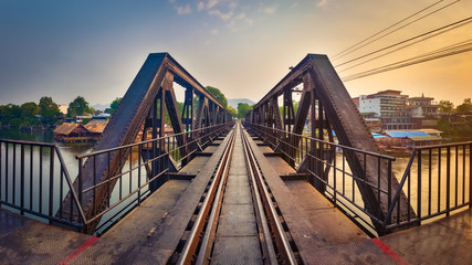 The bridge on the river Kwai. Railway in Kanchanaburi, Thailand. Panorama