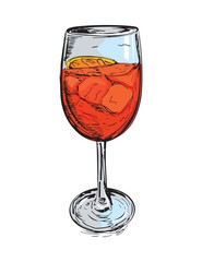 Vector hand drawn illustration of Spritz cocktail. Summer drink aperitif. Orange liqueur, sparkling wine, soda water, orange fruit. Alcoholic classic bar beverage.