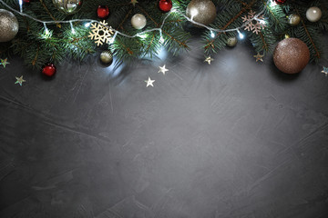 Christmas decoration on stone background, flat lay. Space for text