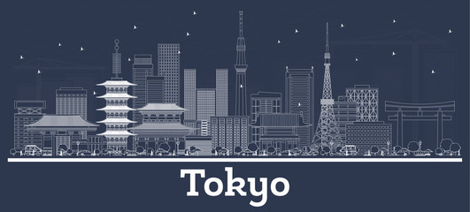 Naklejka premium Outline Tokyo Japan City Skyline with White Buildings.