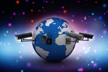 Fototapeta na wymiar 3d rendering Surveillance CCTV Security Camera connected globe 
