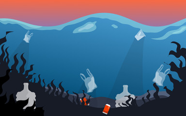Save the ocean concept. Color vector illustration of sea pollution and global warming at blue sky background