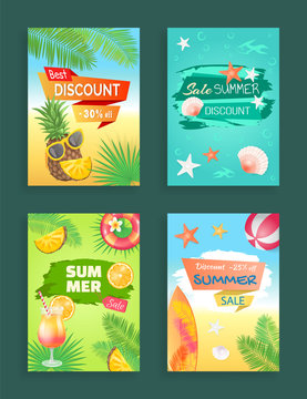Best discount summer sale vector, banners set. Offers and seasonal propositions. Pineapple and cocktail, surfing board and volleyball ball, seashells. Summertime season sale