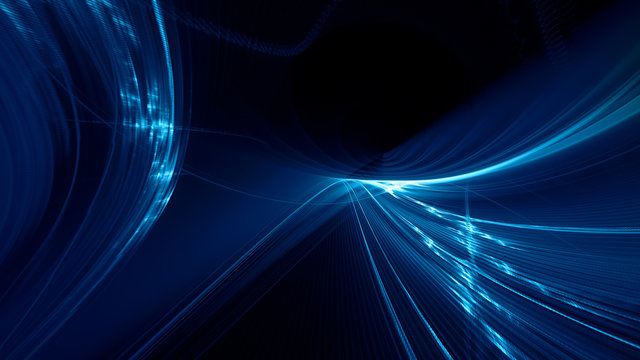 Abstract blue background element on black. Fractal graphics 3d Illustration. Three-dimensional composition of glowing lines and motion blur traces. Movement and innovation concept.