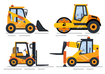 Construction equipment vector, builder tool and machinery. Isolated set of transport, bulldozer and loader lifter and excavator flat style machines. Special machines for the construction work