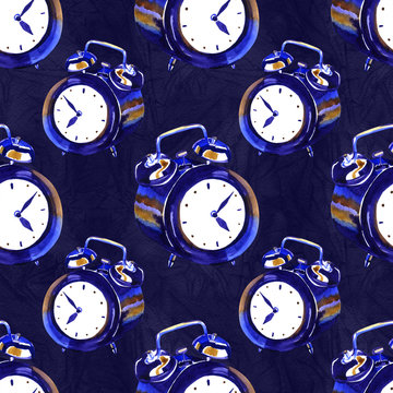 Alarm clock seamless watercolor background. Timer, deadline hurry and Wake up concept, art Wallpaper, packaging, textiles, website background. Watercolor alarm clock on white background