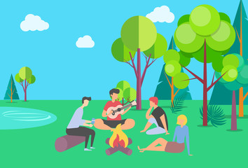 Obraz na płótnie Canvas Friends spending time vector, summer vacation together in park camping near campfire, people playing guitar outdoor activity, happy weekend with friend, summertime by bonfire. Flat cartoon