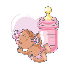 cute baby girl with pacifier and bottle milk