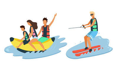 Group of people in life jackets riding banana boat. Tanned boy in sunglasses and life jacket water skiing. Summer activities beach and recreation vector. Flat cartoon. Summertime activity