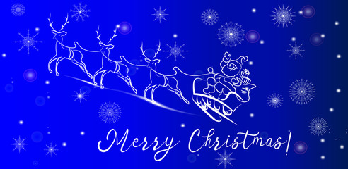 Obraz na płótnie Canvas Merry Christmas winter holiday lettering design with Santa Claus and deers