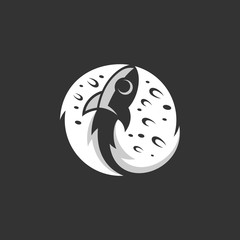 Moon with rocket silhouette logo.Flat negative space style.Modern Technology design.Spaceship vector illustration