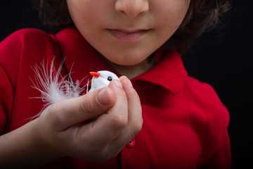 Little  boy holding a fake  bird on black background