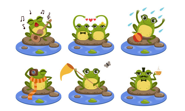 Green Funny Frog Characters Set, Cute Humanized Amphibian Animal in Different Situations Vector Illustration