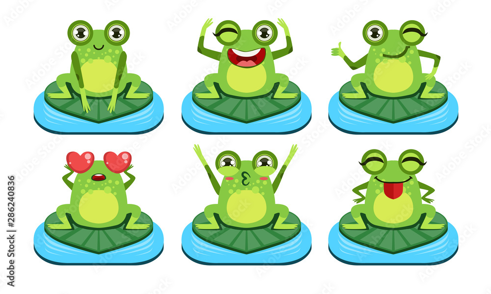 Wall mural funny frog characters set, cute amphibian in different activities vector illustration