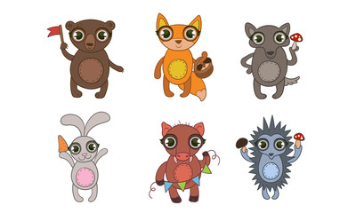 Cute Woodland Animals Set, Bear, Fox, Wolf, Hare, Boar, Hedgehog Vector Illustration
