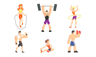 Fototapeta na wymiar People Performing Various Sports Activities Set, Young Men and Women Lifting Barbell, Jumping with Rope, Doing Fitness Exercises Vector Illustration