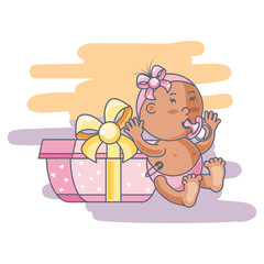 cute baby girl with pacifier and gift box