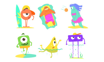 Funny Monsters on Beach Set, Cute Happy Mutants Playing Volleyball, Sunbathing, Surfing and Having Fun Vector Illustration