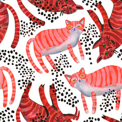 Watercolor cute striped cats seamless pattern. Nursery design in scandinavian minimal style.