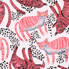Watercolor cute striped cats seamless pattern. Nursery design in scandinavian minimal style.