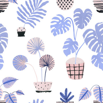 Watercolor potted houseplants background in scandinavian geometric style