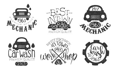 Garage Best in Town Premium Quality Retro Labels Set, Car Wash Service Hand Drawn Badges Monochrome Vector Illustration