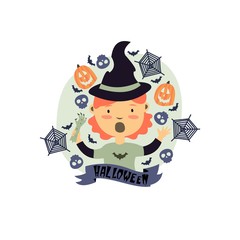 Cute illustration of a girl in a witch costume. Cartoon character. Happy Halloween!