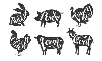 Farm Animals Silhouettes Retro Labels Set, Rabbit, Pork, Turkey, Chicken, Lamb, Goat, Butchery Hand Drawn Badges Monochrome Vector Illustration