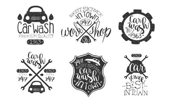 Car Wash Best in Town Premium Quality Retro Labels Set, Workshop Service Hand Drawn Badges Monochrome Vector Illustration