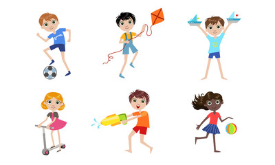 Fototapeta premium Summer Kids Outdoor Activities Set, Boys and Girls Playing with Toys, Riding Kick Scooter Vector Illustration