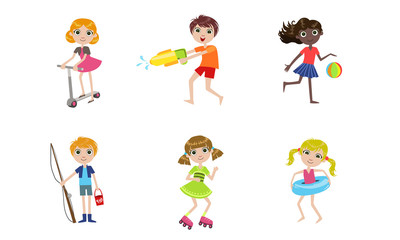 Summer Kids Outdoor Activities Set, Boys and Girls Playing with Toys, Riding Kick Scooter, Rollerblading, Fishing, Swimming Vector Illustration