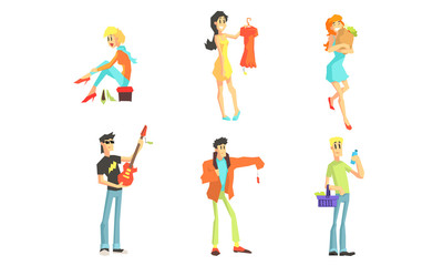 Shopping People Set, Smiling Young Women and Men Characters Enjoying Shopping at Store Vector Illustration