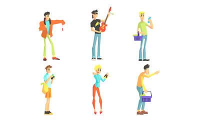 Shopping People Set, Smiling Young Women and Men Characters Enjoying Shopping at Mall Vector Illustration