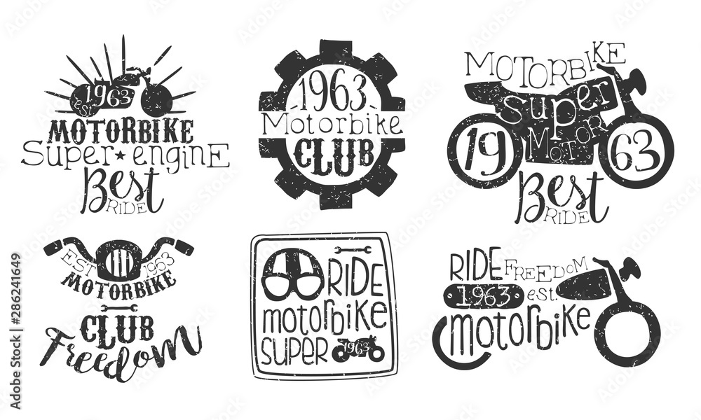 Sticker motorbike club retro labels set, super motor best ride hand drawn badges monochrome vector illustrat