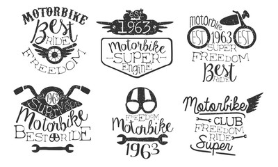 Motorbike Club Retro Labels Set, Super Freedom, Best Ride Hand Drawn Badges Monochrome Vector Illustration o