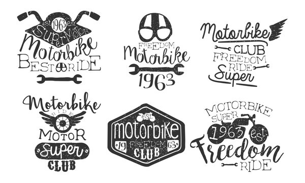 Motorbike Club Retro Labels Set, Freedom Ride Hand Drawn Badges Monochrome Vector Illustration