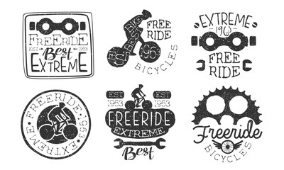 Extreme Freeride Retro Labels Set, Bicycle Sport Hand Drawn Badges Monochrome Vector Illustration