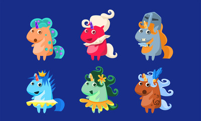 Fototapeta na wymiar Cute Unicorns Set, Fantastic Animals Characters in Different Costumes, Vector Illustration