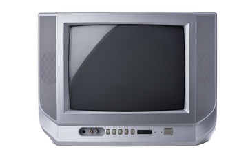 Television, Vintage portable tv with static screen isolated on white background
