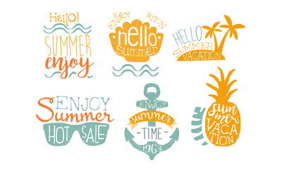 Hot Summer Sale Labels Set, Enjoy Summer Vacation Retro Hand Drawn Badges Vector Illustration