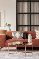 Stylish brown corner sofa with patterned pillows in elegant living room interior with mullions wall