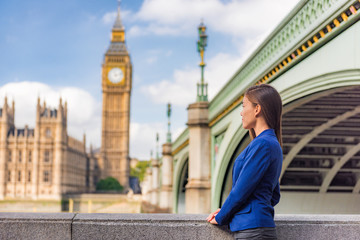 London business wonan city lifestyle young businesswoman looking at Parliament Big Ben clock tower, UK. Europe travel summer destination.