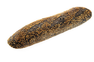 Homemade sourdough black bread baguette isolated on white background. Food.
